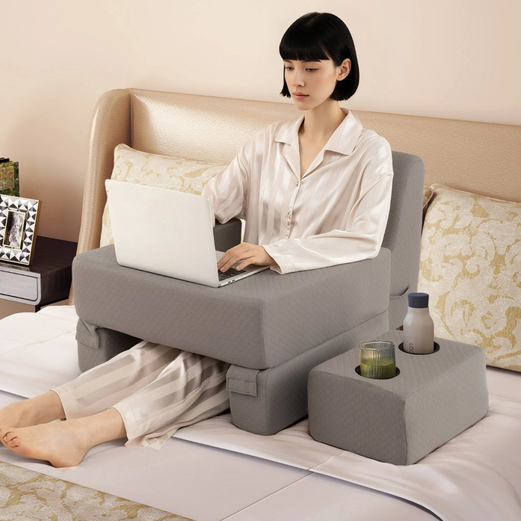 Cuscino a cuneo ergonomico con appoggio per braccia per letto e divano, Set 3 cuscini da lettura con portabicchieri Grigio-Arredo letto