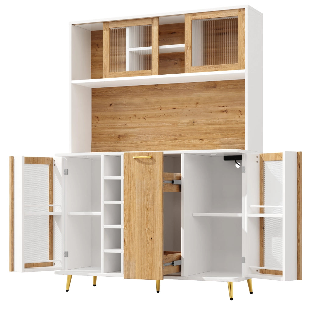 Credenza con LED e presa integrata, 4 vani, portabottiglie e piano d'appoggio, in MDF bianco effetto legno 120 × 40 × 180 cm