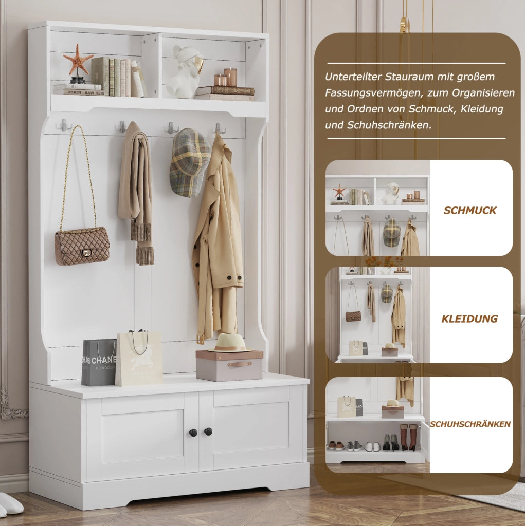 Mobile da ingresso con panca; 4 ganci e 2 vani aperti; 101;5 x 183 cm; bianco