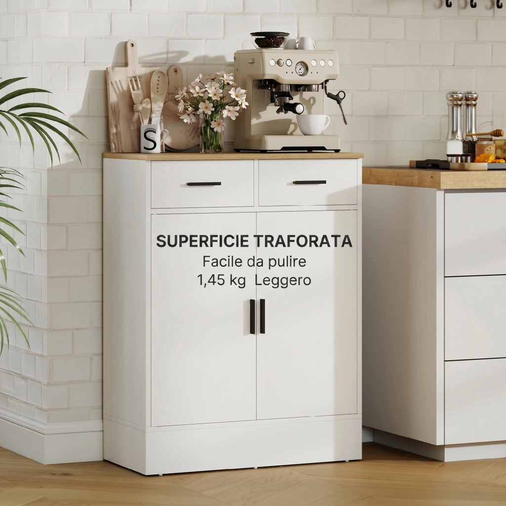 Credenza Moderna 68,6x35x90,3A cm 2 Cassetti e Armadietto 2 Ante Ripiano Interno Regolabile Bianco e Legno