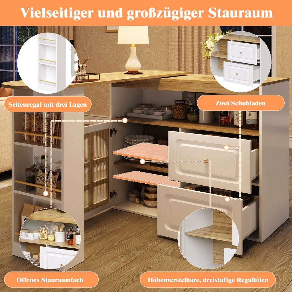 TAVOLO ALTO Girevole 138-204x39x104 cm MDF Bianco con 2 Cassetti