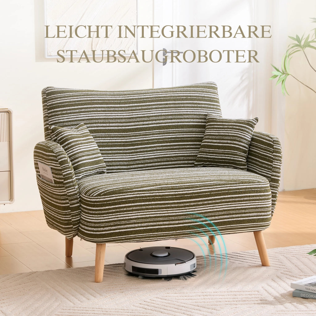 Divano Dritto 2 Posti con Tasche Laterali Braccioli Confortevoli Cuscino Schienale Moderno in Bouclé Verde Oliva
