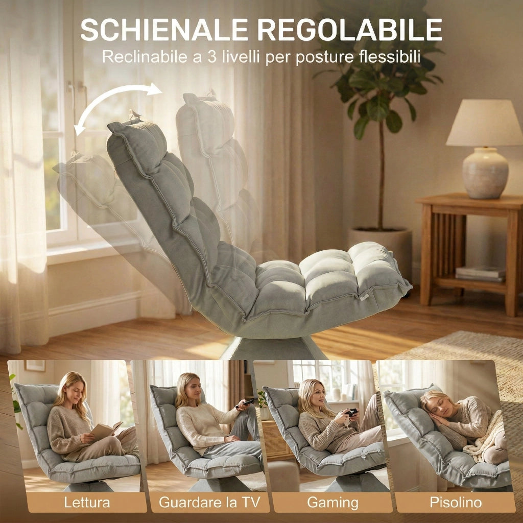 Poltrona Relax Girevole 360¡ã con Schienale Regolabile in 5 Posizioni in Tessuto Effetto Velluto. Grigio Chiaro