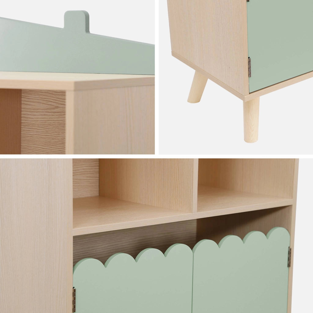 Biblioteca per bambini in legno di pino 2 porte e 4 scaffali, verde