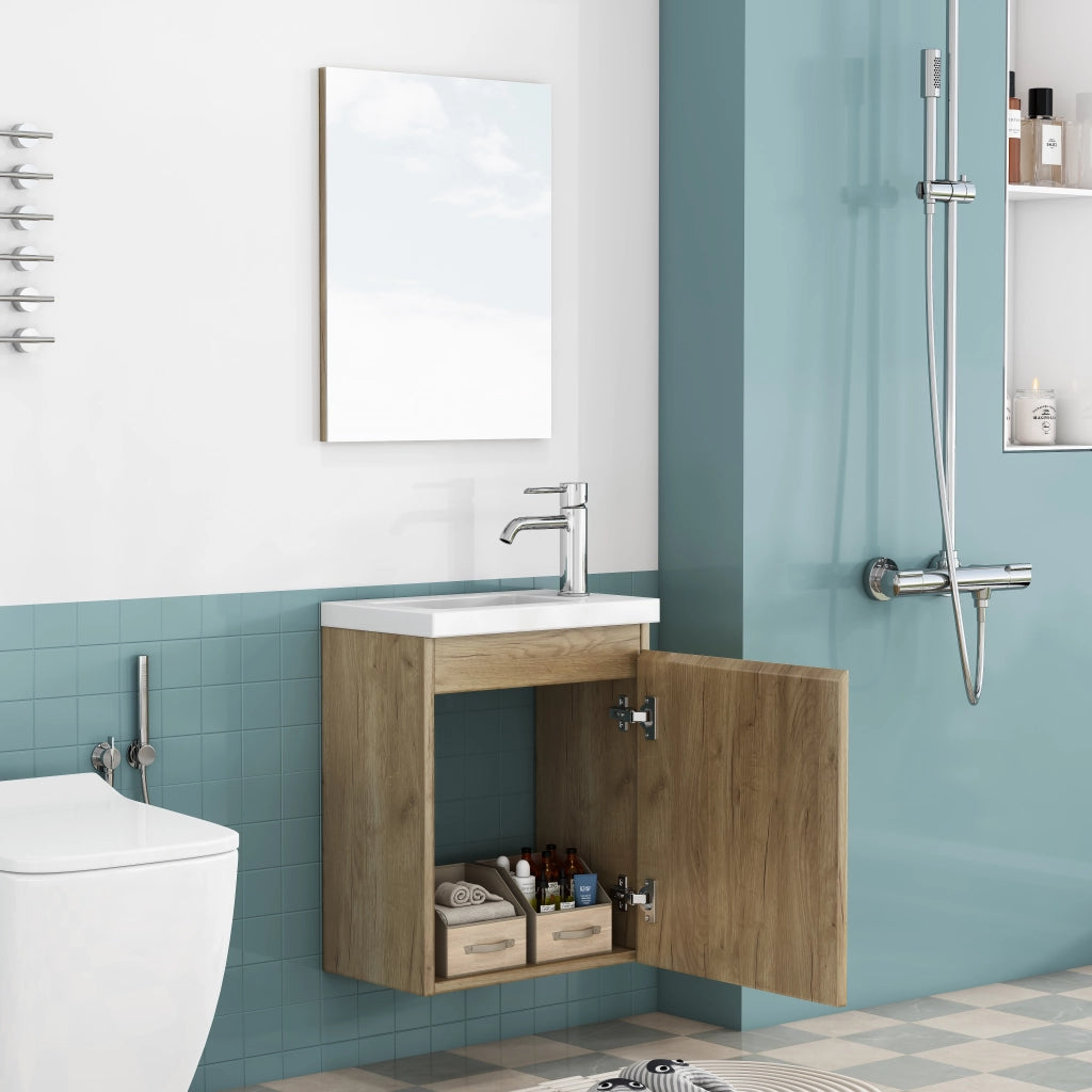 Mobile bagno sospeso con lavabo in ceramica e specchio; chiusura ammortizzata; per bagno; rovere; 45×34×58 cm