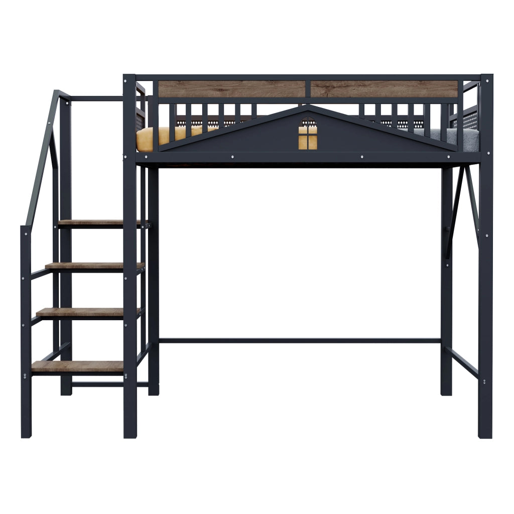 OKWISH Letto a soppalco 140×200 cm, Letto Matrimoniale con Scala di Sicurezza, Spazio Contenitore sotto la Scala e Sponda a Finestra, senza Materasso, Nero