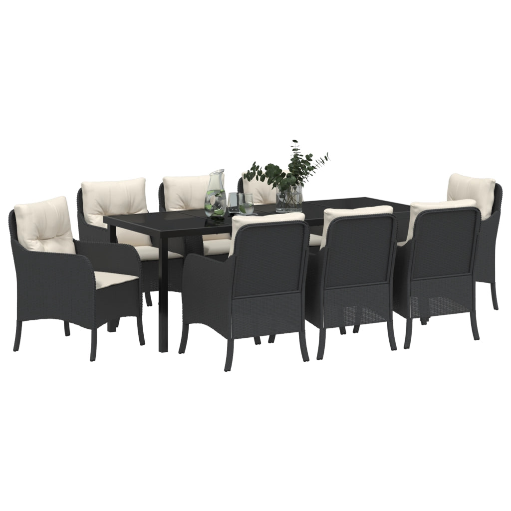 Set da Pranzo da Giardino 9 Pezzi con Cuscini Nero Rattan Polare