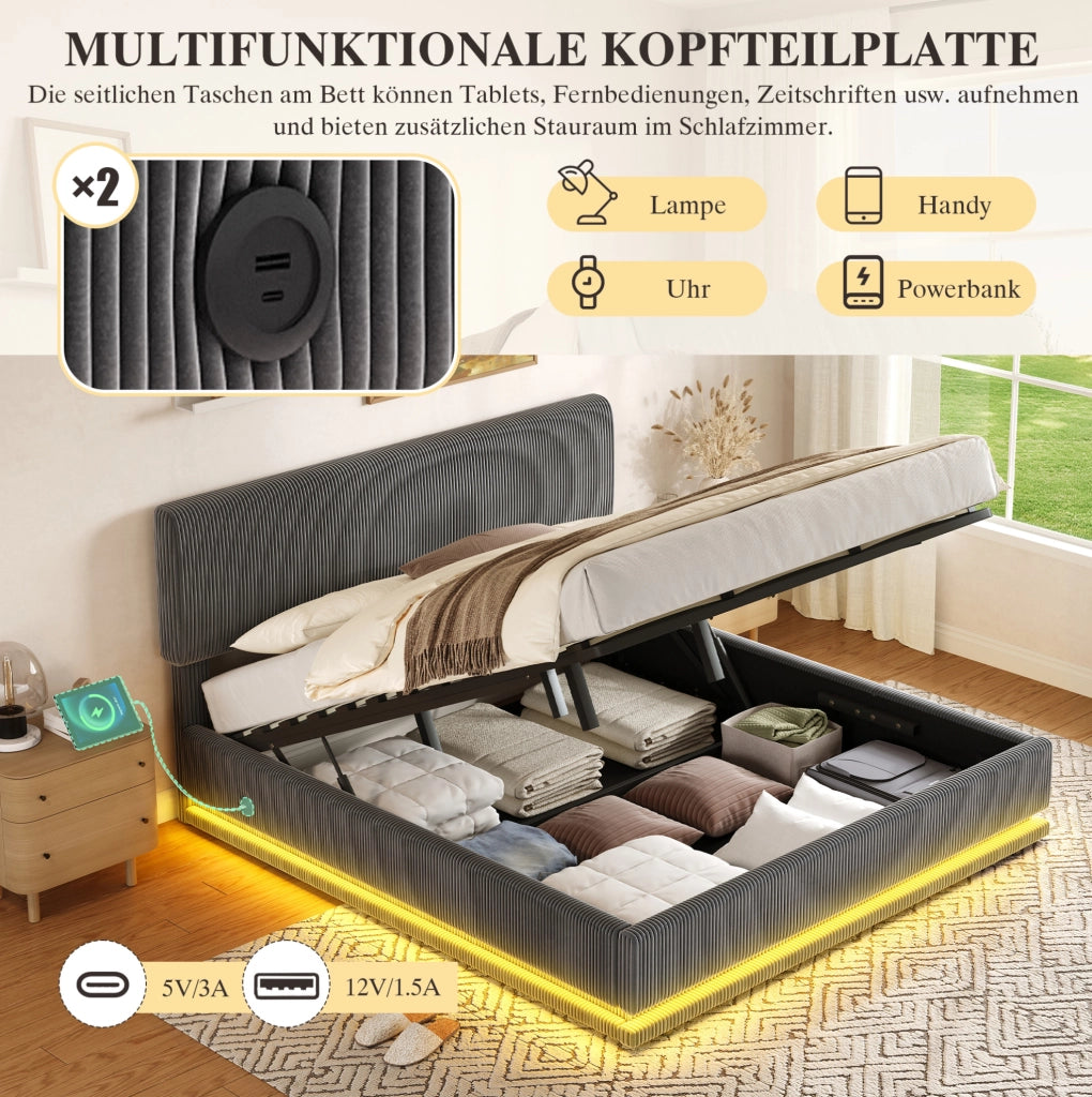 Letto imbottito 180x200 cm grigio scuro con LED e USB-C