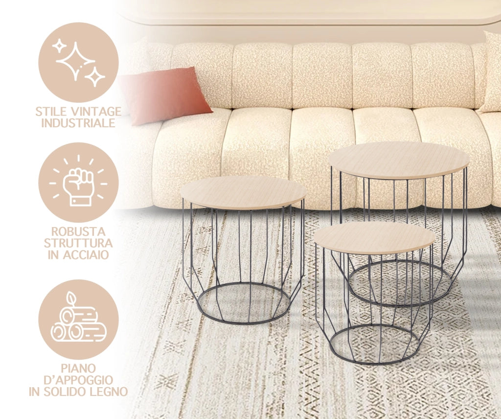Set 3 Tavolini Da Salotto Sovrapponibili Rotondi Design Moderno Tavolino Da Caffè Estraibili Mobile Soggiorno Tavolo Divano Top In Legno Struttura In Acciaio Stile Industrial Vano Porta Oggetti  - Naturale - Modello 2