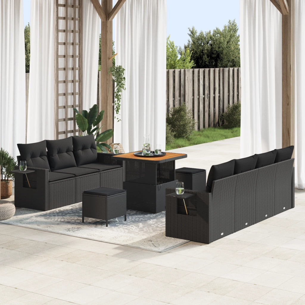 Set Divano da Giardino  da 10 pezzi con Cuscini Rattan Polyrattan Nero Acacia