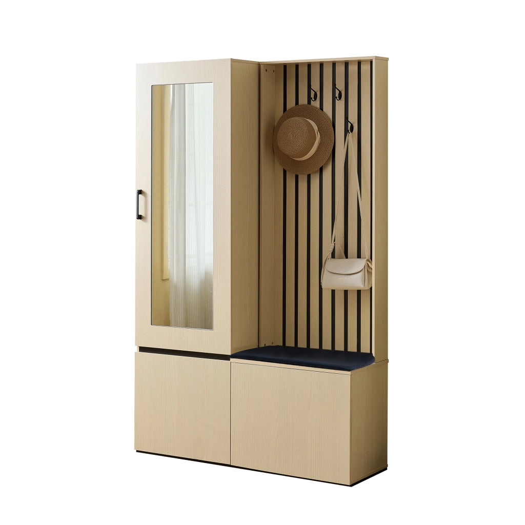 Mobile d'ingresso con specchio; panca; 4 ganci; vano scarpe e barra appendiabiti estraibile; in MDF; legno