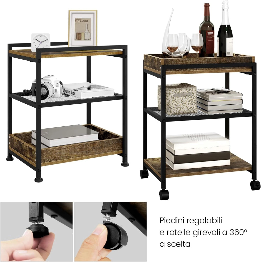 Tavolino da Salotto a 3 Ripiani, Tavolino Divano con Rotelle, Vassoio Rimovibile e Piedini, Mobiletto per Soggiorno, Camera da Letto, in Legno e Metallo, Legno Vintage e Telaio Nero