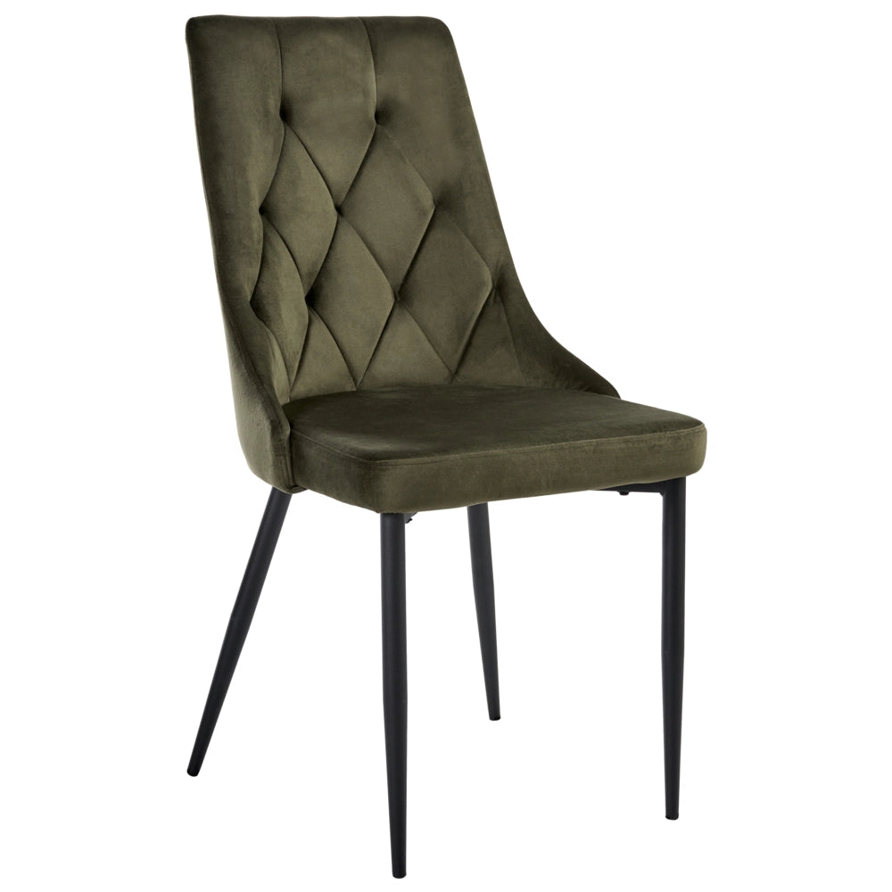 Set di 2 sedie da pranzo scandinave Rivestimento in velluto verde oliva Gambe in ferro nero Seduta in tessuto Senza braccioli