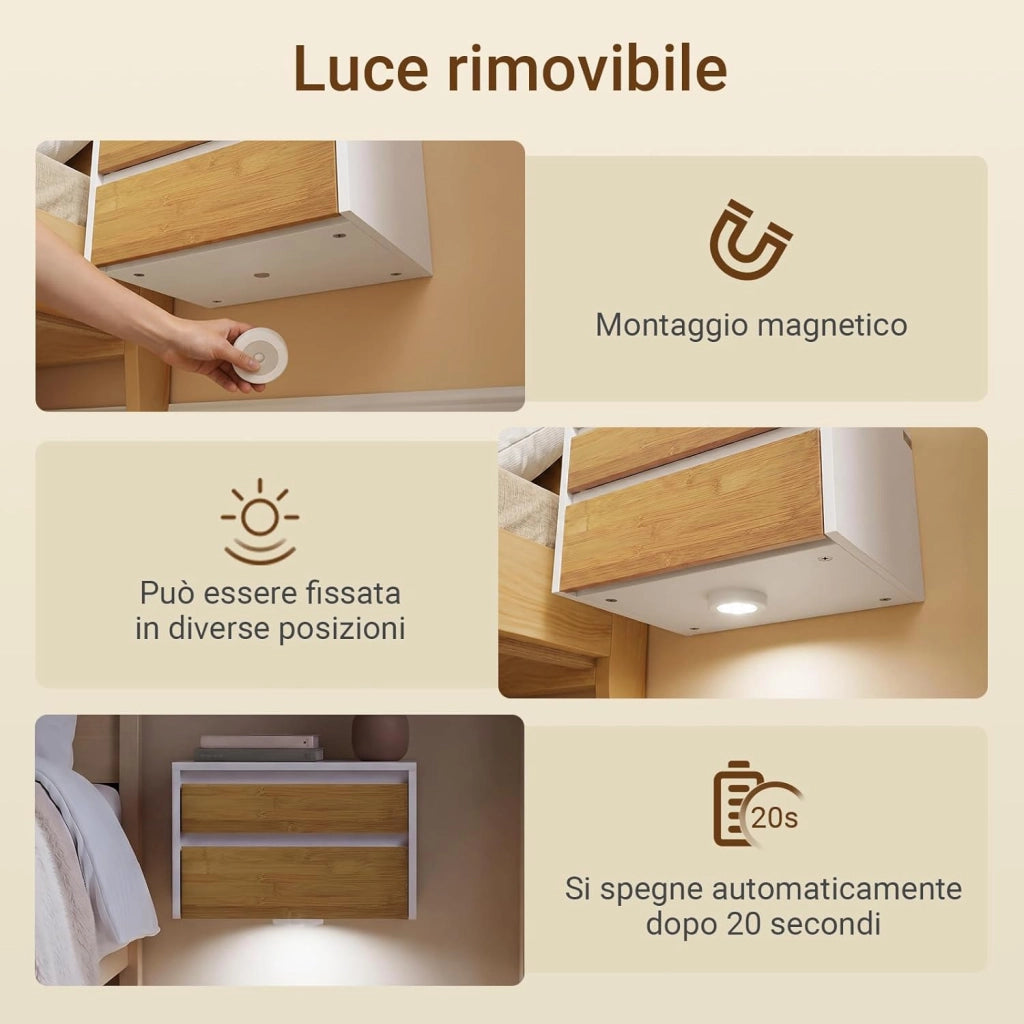 Comodino camera da letto sospeso con lampada a sensore di movimento rimovibile e 2 cassetti, Comodino da parete per camera da letto e ingresso, 40x29.8x25.6cm, Bianco Naturale, FBT175-E-WN