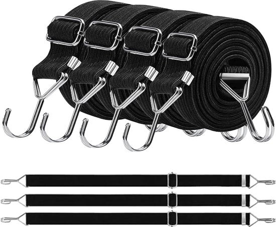 Set di 4 espandi per sacchi con ganci metallici - 100 cm - corda di gomma nera - trasporto, imballo e fissaggio.