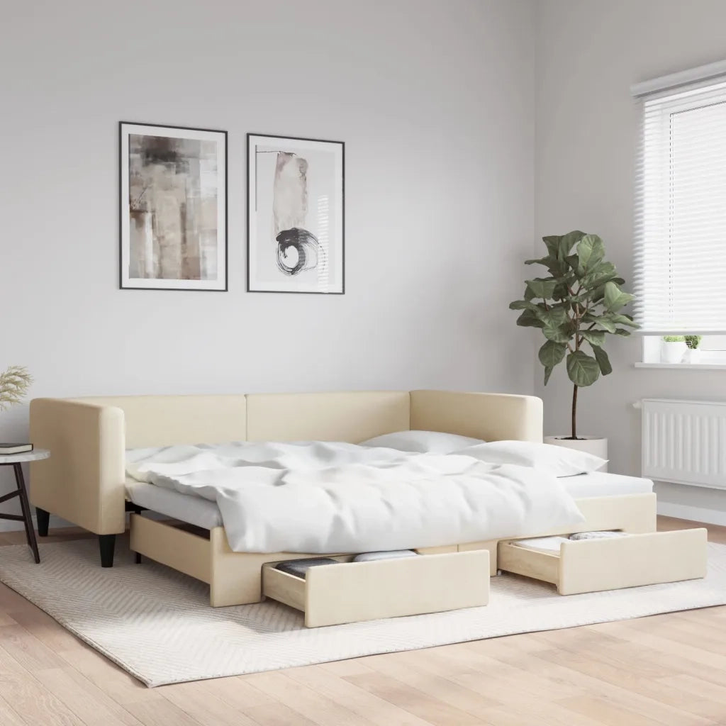 Divano Letto Estraibile con Cassetti-Sofa Letto-Daybed Crema 100x200cm in Tessuto 963632