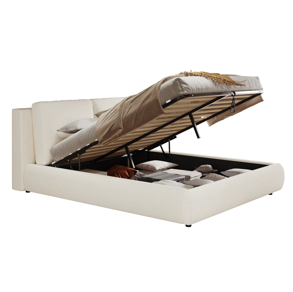 Letto imbottito 160x200 cm con contenitore e testiera ergonomica in bouclé beige