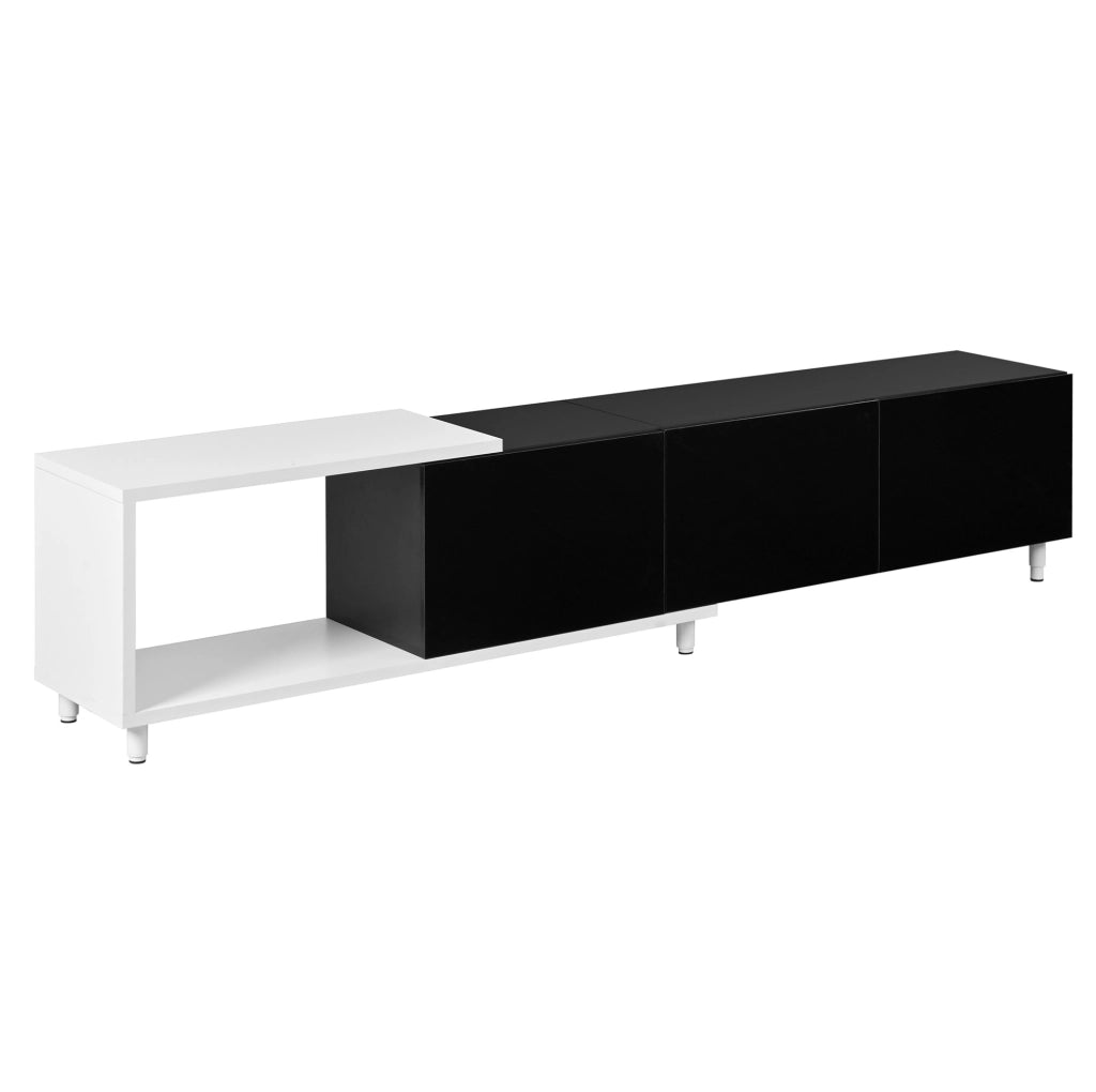 Mobile TV 258x38x48.5 cm allungabile con 3 ante; MDF e pannello truciolare; nero e bianco
