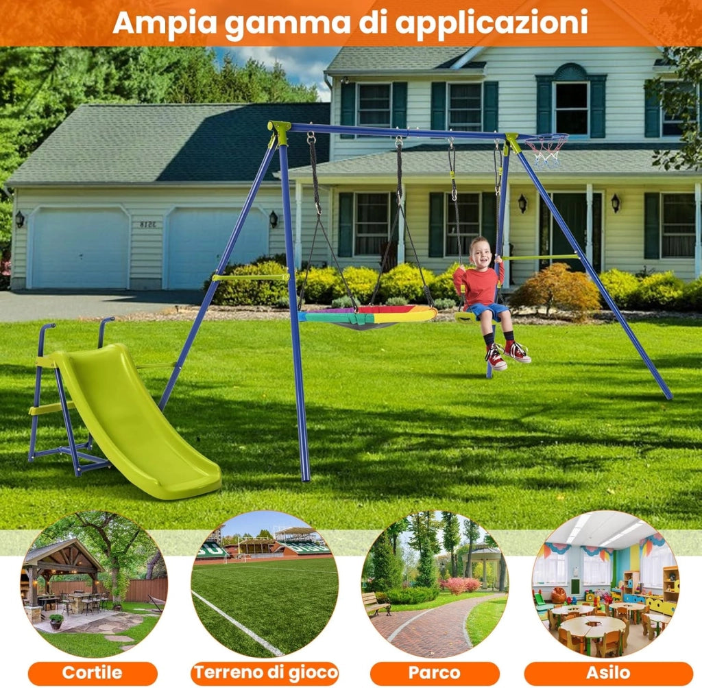 4 in 1 Set di Altalena da Giardino per Bambini con Scivolo, Canestro Basket, Altalena a Nido, Altalena con Sedile, Corde Regolabili e Struttura in Metallo, per Interno ed Esterno