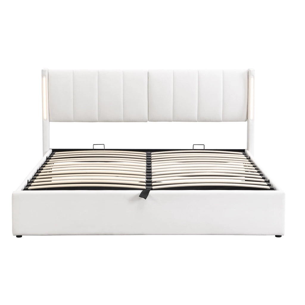 Letto imbottito LED 160x200 cm con USB, contenitore, testiera regolabile e rete a doghe, bianco