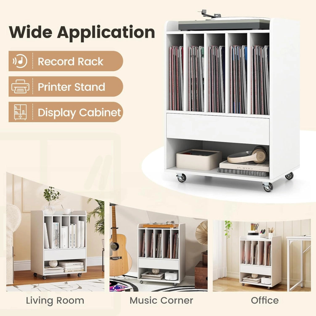 Supporto per Giradischi in Vinile Fino a 180 Album, Mobile Giradischi con Ruote, Mobiletto Portaoggetti con Scomparti Aperti, Cassetto e Ganci per Ufficio, Soggiorno, Studio (Bianco)