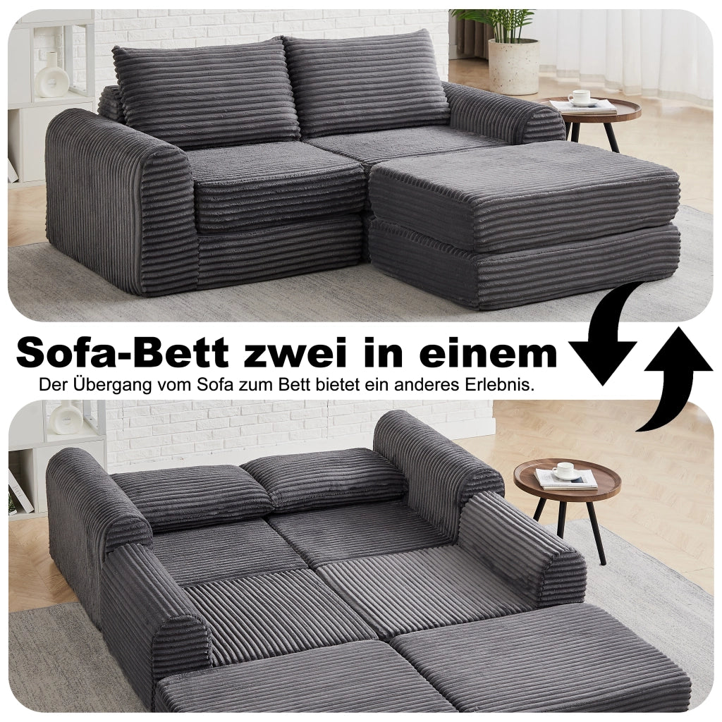 Divano letto modulare in velluto a coste con chaise longue rimovibile e braccioli curvi grigio per soggiorno e relax