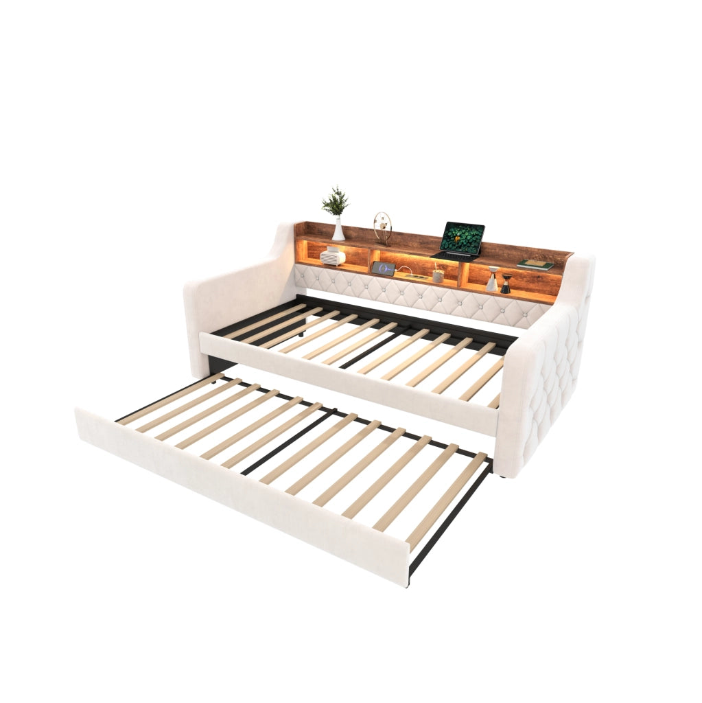 Letto estraibile 90x190 cm con contenitore; LED e USB-C in velluto beige