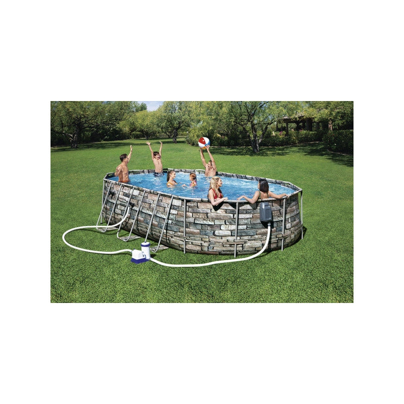 Piscina fuori terra ovale effetto pietra con idromassaggio e luce LED, 610x366x122 cm con pompa filtro scaletta e copertura - Bestway