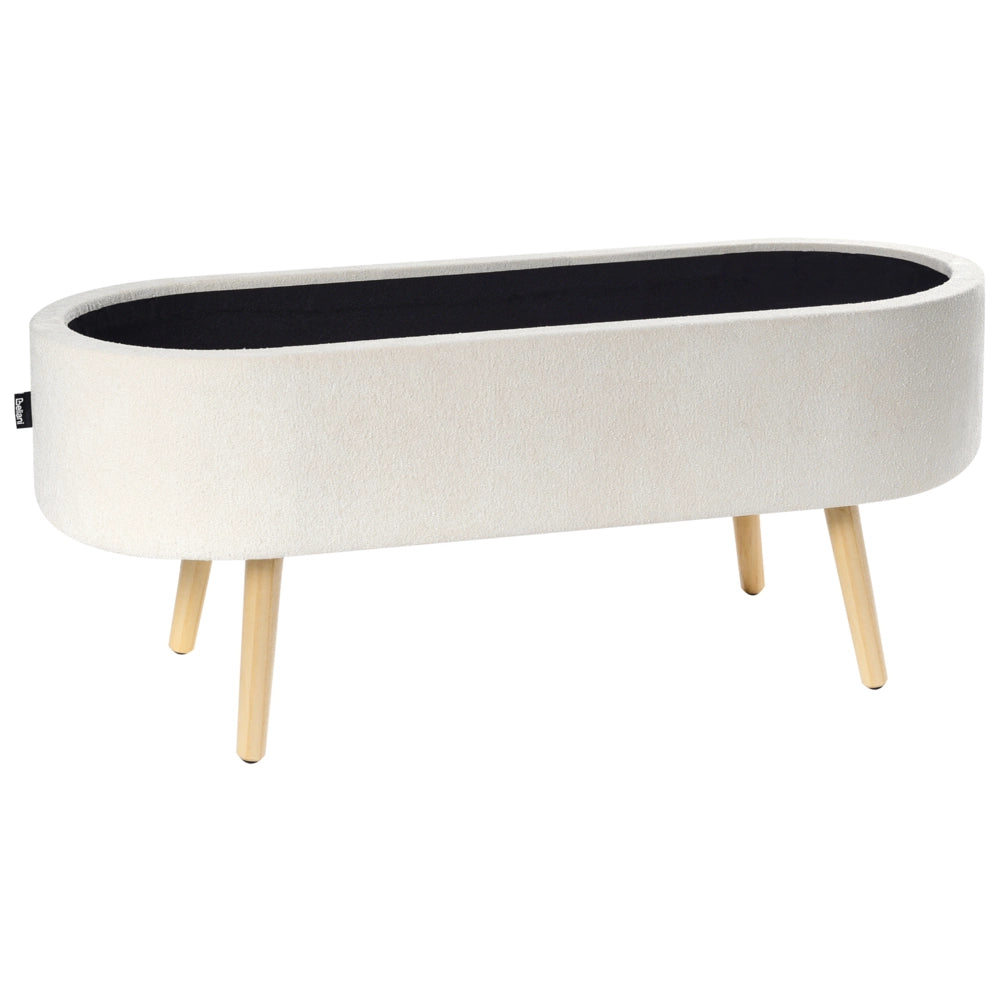 Panca da camera da letto con gambe in legno imbottite, bianco sporco, sedile per corridoio con portaoggetti