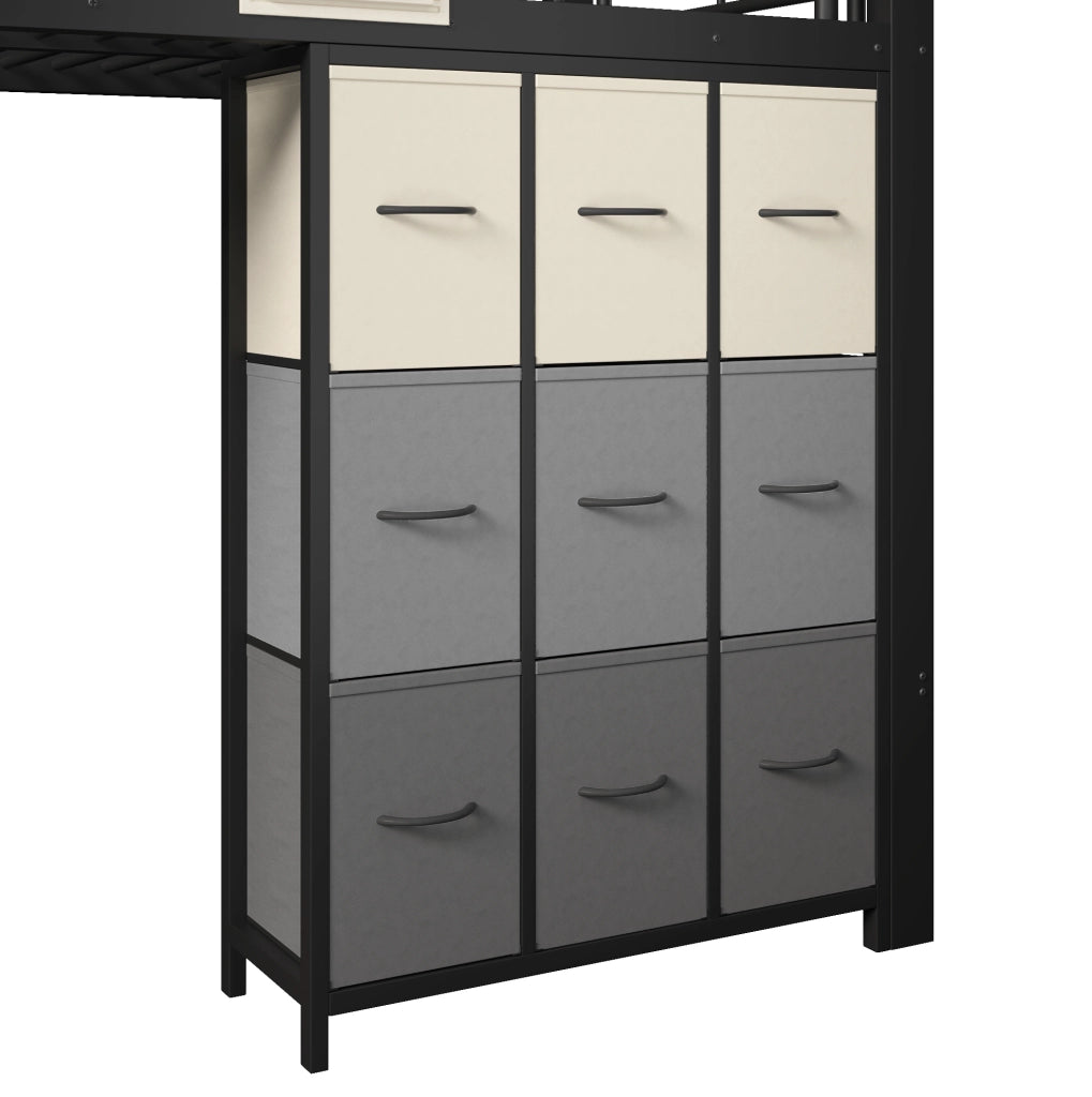 Letto a soppalco 90x200 cm in metallo e MDF nero con cassetti; cabina armadio e scala contenitore