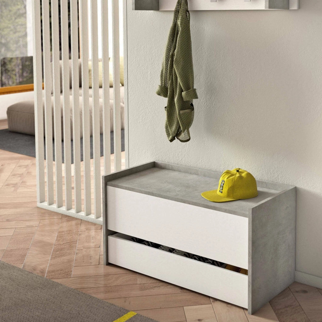 Cassapanca Sogno, Mobile da ingresso moderno con scarpiera, Cassapanca baule con due contenitori, Made in Italy, Cm 90x40h46, Bianco e Cemento