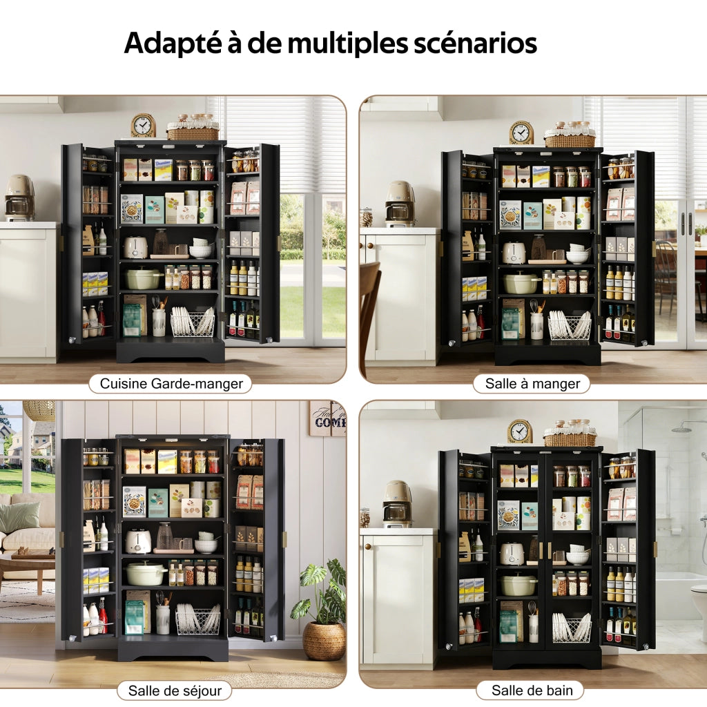 Dispensa alta con LED e ripiani regolabili con 2 ante e vani per cucina e soggiorno in MDF nero 120 × 60,5 × 40 cm