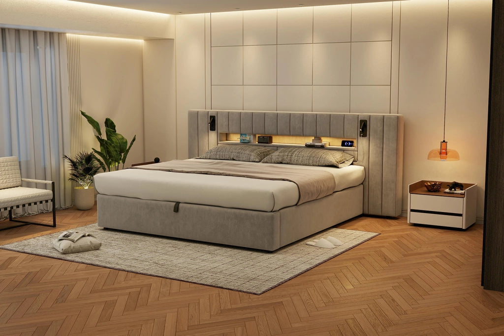 DESMIU Letto Matrimoniale Imbottito 2 Posti con USB, USB-C, LED e Lampada da Lettura 180 × 200 cm, senza materasso