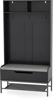 Appendiabiti con Panca Integrata, 3 Ganci + 2 Cubi Portascarpe & Ripiano Nascosto, Armadio Ingresso Multifunzionale 90x38x170cm, Design Elegante per Corridoio e Soggiorno, Facile Assemblaggio