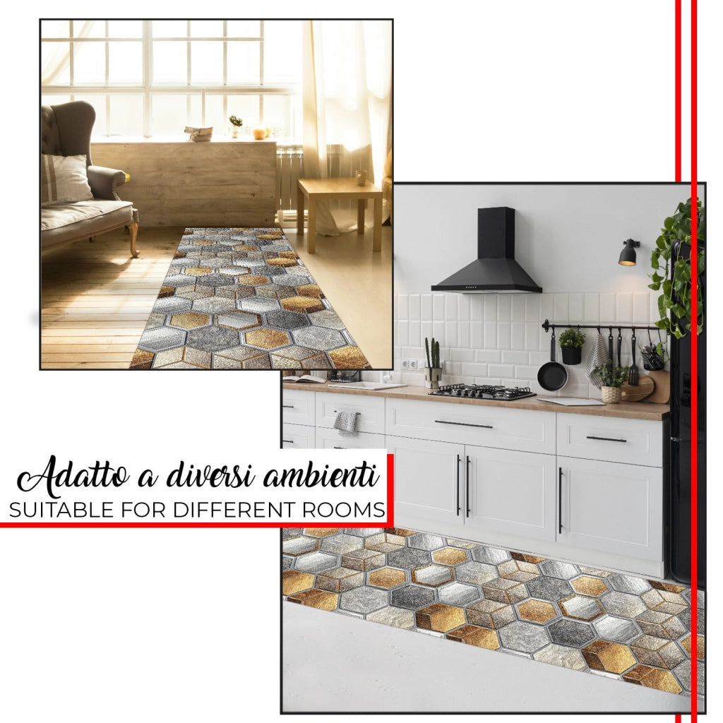 Tappeto Cucina Antimacchia 51x400 cm Stampa HD Alta Definizione Passatoia Mosaico Esagonale Pietre