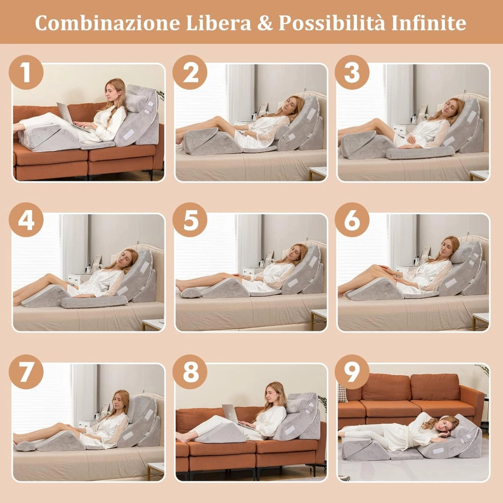 Set di 4/6 Cuscini Regolabili a Cuneo, Cuscino a Cuneo per Letto in Memory Foam, per Alleviare il Dolore alla Schiena Collo e alle Gambe, Poggiatesta Rimovibile, Grigio (6 Pezzi)