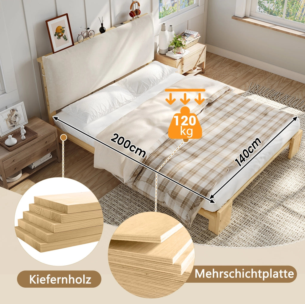 Letto imbottito 140 x 200 cm con schienale imbottito; pino e compensato; naturale