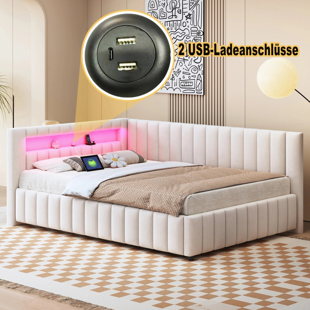 Divano letto angolare imbottito 140x200 cm in velluto beige con LED e porta USB