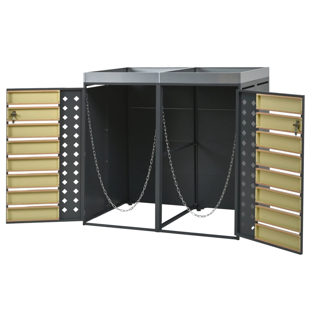 Porta bidoni da esterno con fioriera integrata; 2 vani; 132x80x124;6 cm; grigio e legno