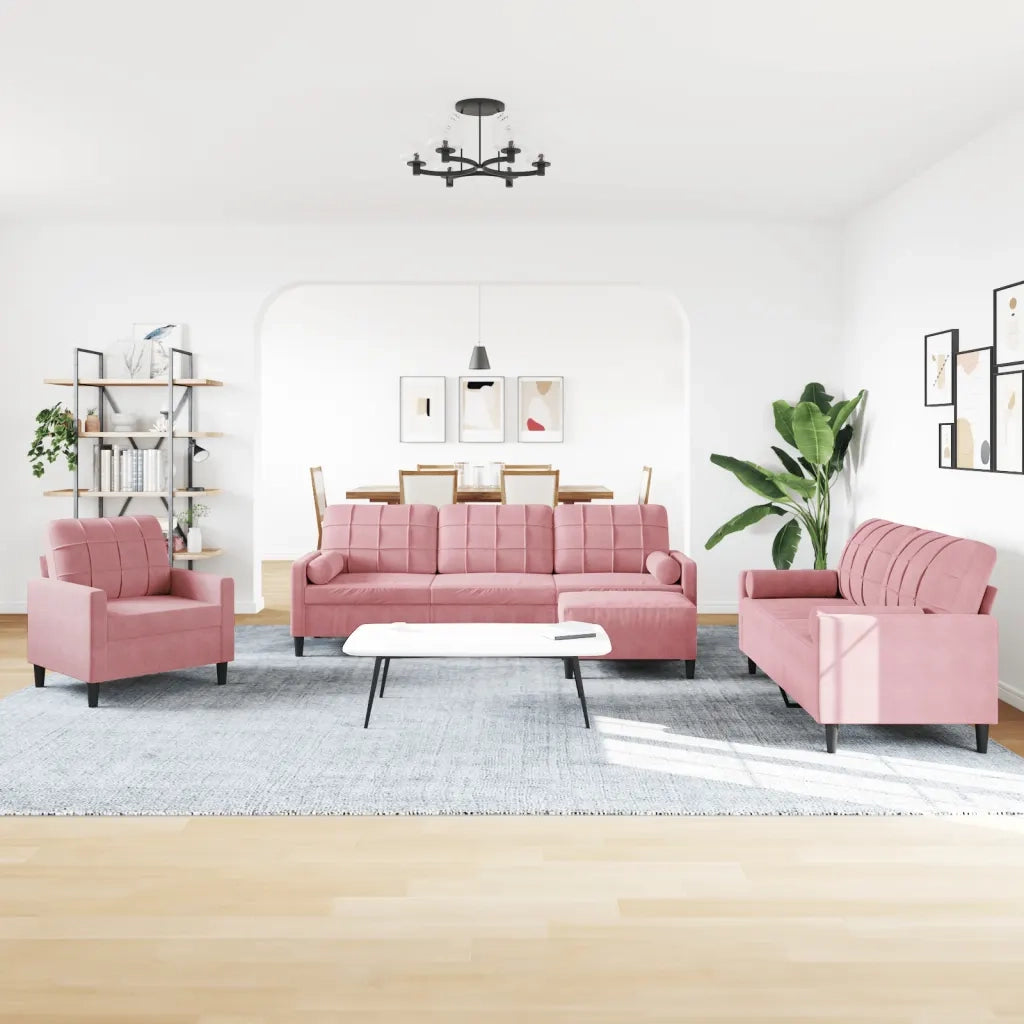 Set di Divani 4 pz con Cuscini e Rinforzi rosa in Velluto