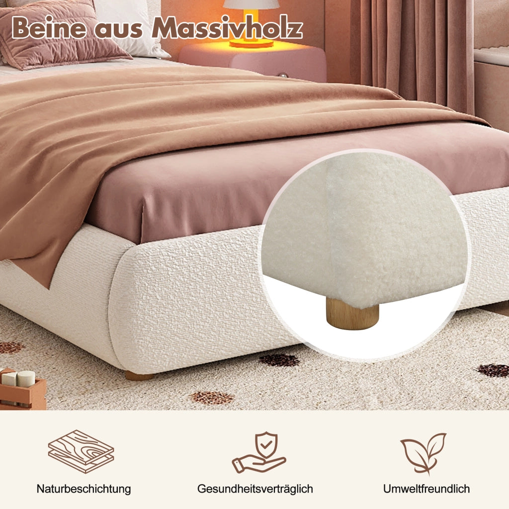 Letto Singolo 90x200 cm con Contenitore e LED; Letto in Bouclé Bianco