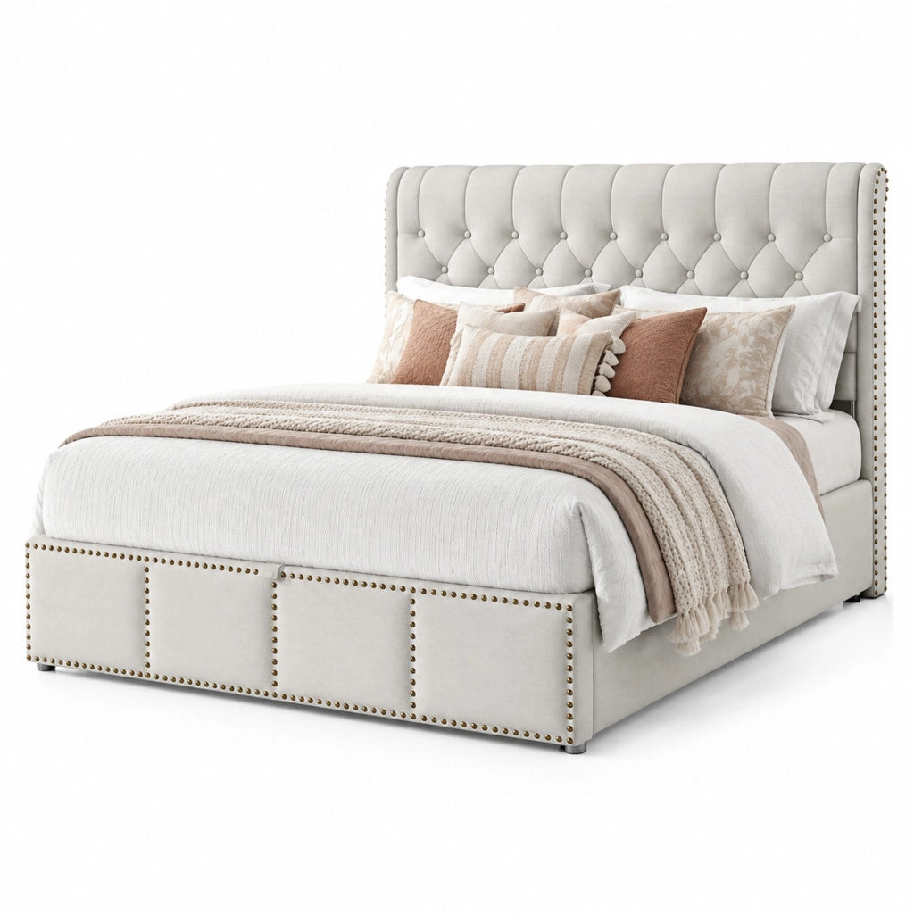 Letto imbottito in cotone-lino grigio 140x190 cm con contenitore, rete a doghe e design con rivetti