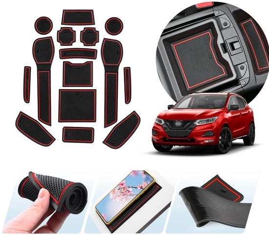 Compatibili con Nissan Qashqai J11 SUV 2018-2021 Mattoncini antislittamento in gomma Mattoncini per console centrale Mattoncini per contenitore antislittamento Mattoncini per contenitore di stoviglie 15 pezzi (Rosso)