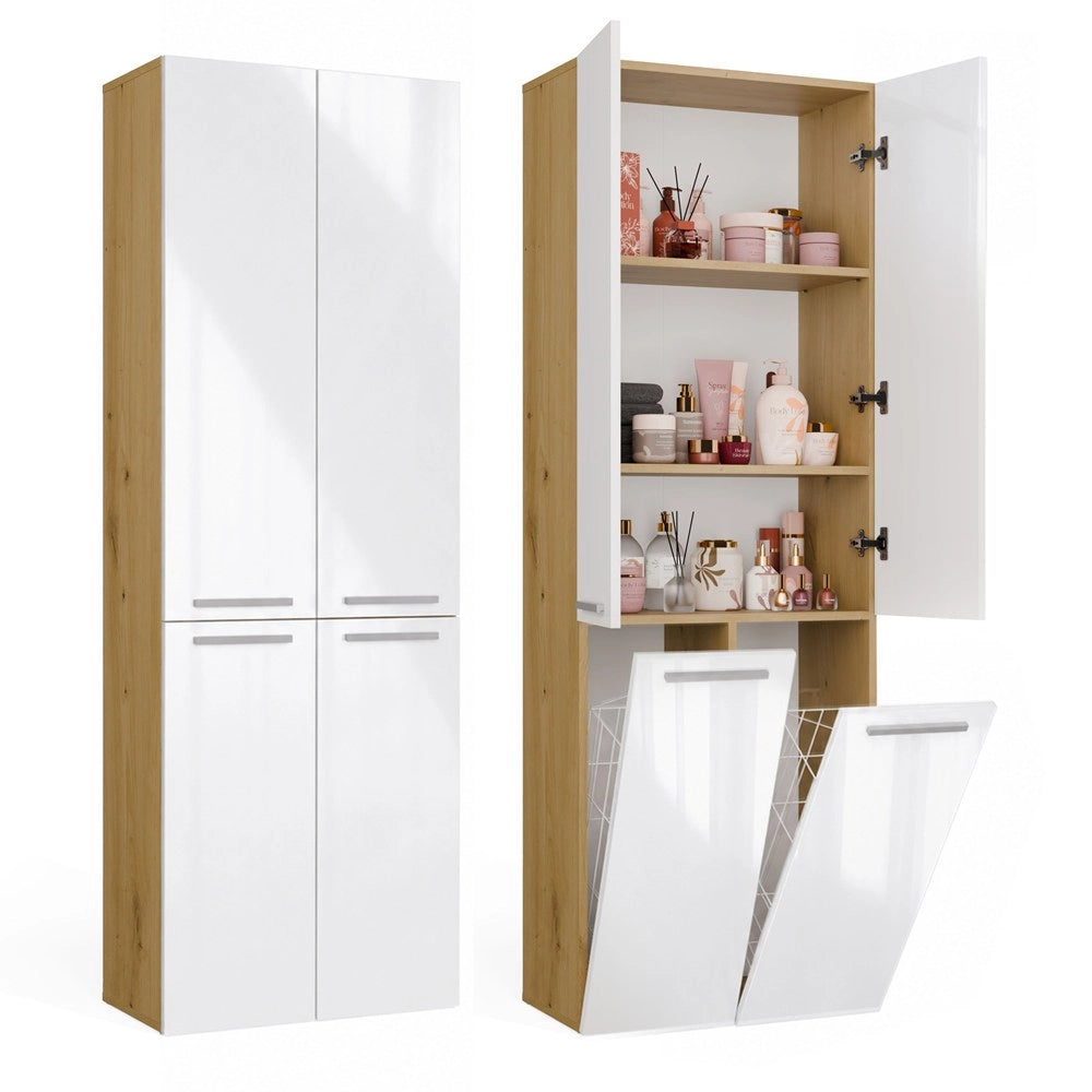 Mobile bagno NEL 2k DD colonna 2 kosze per bucato bianco lucido rovere artisan