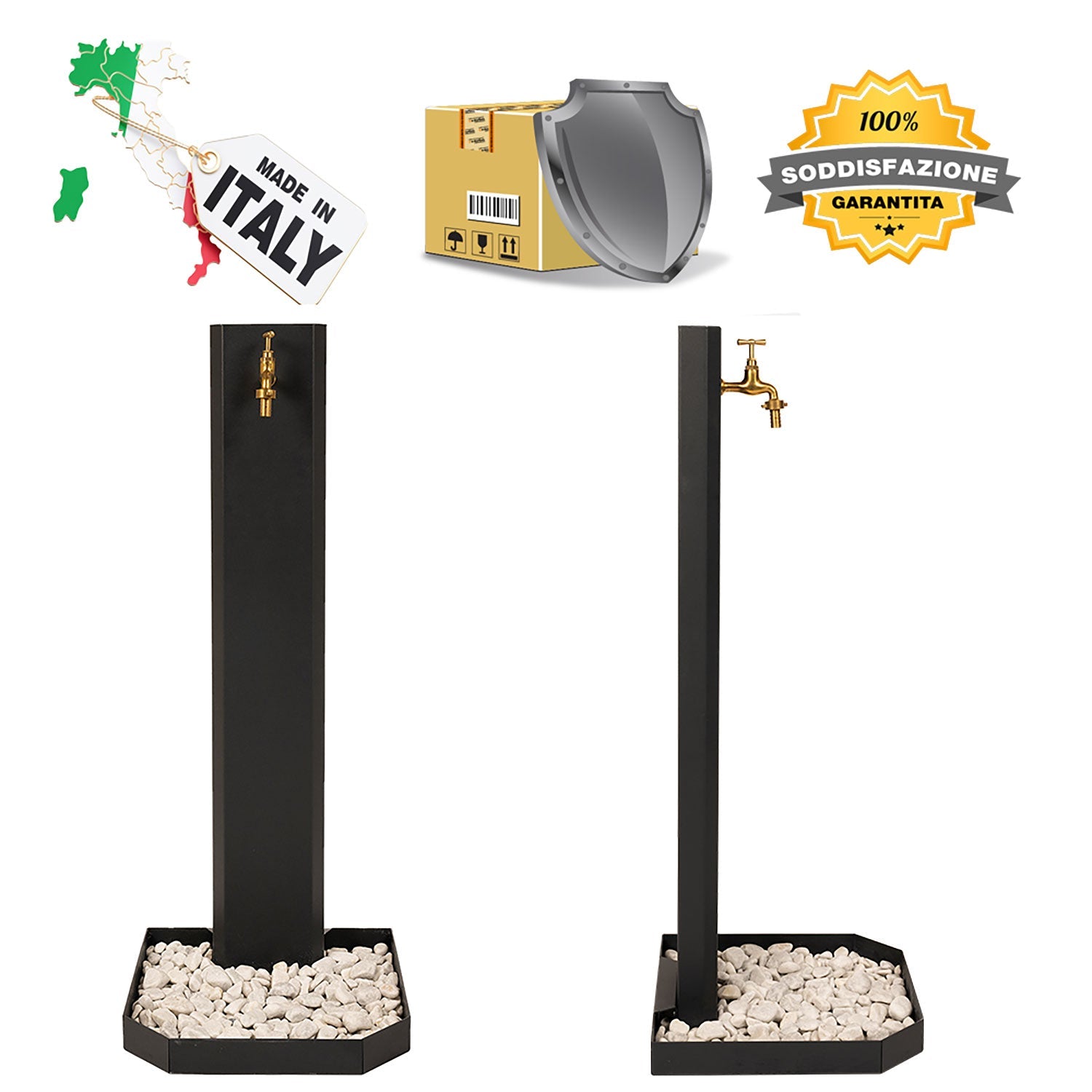 Fontana da Giardino Design a Colonna Ovale Rubinetto in Ottone e Base con Ciottoli Verde