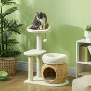Albero tiragraffi per gatti 79 cm con 2 lettini, cuccia, piattaforma e palla gioco, crema bianco