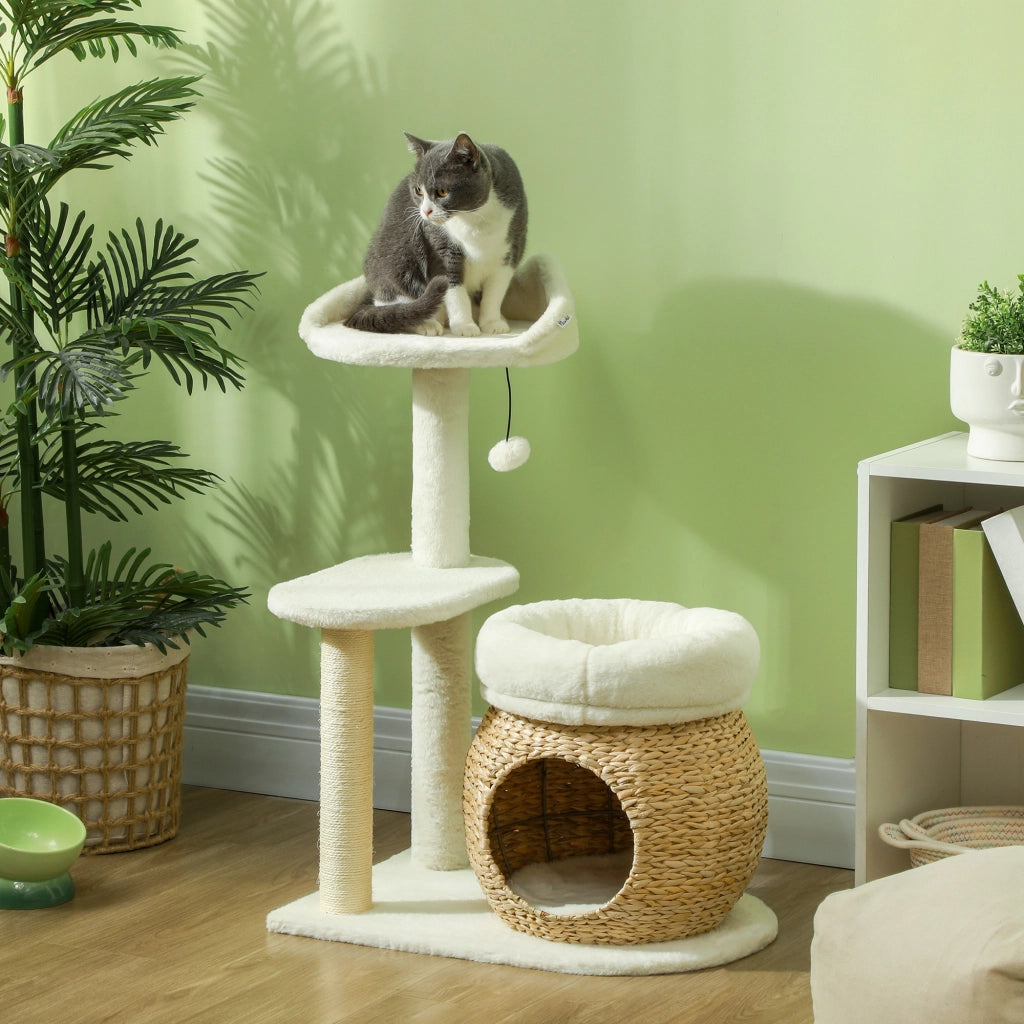 Albero tiragraffi per gatti 79 cm con 2 lettini, cuccia, piattaforma e palla gioco, crema bianco