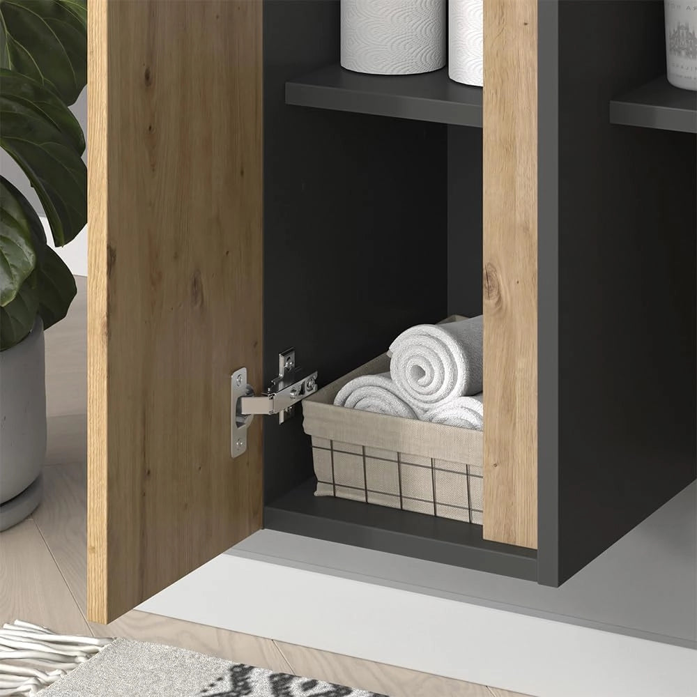 Set di mobili da bagno Edelin, Antracite/Artisan, 80 cm, composto da mobile sottolavabo, specchiera, armadio medio e pensile