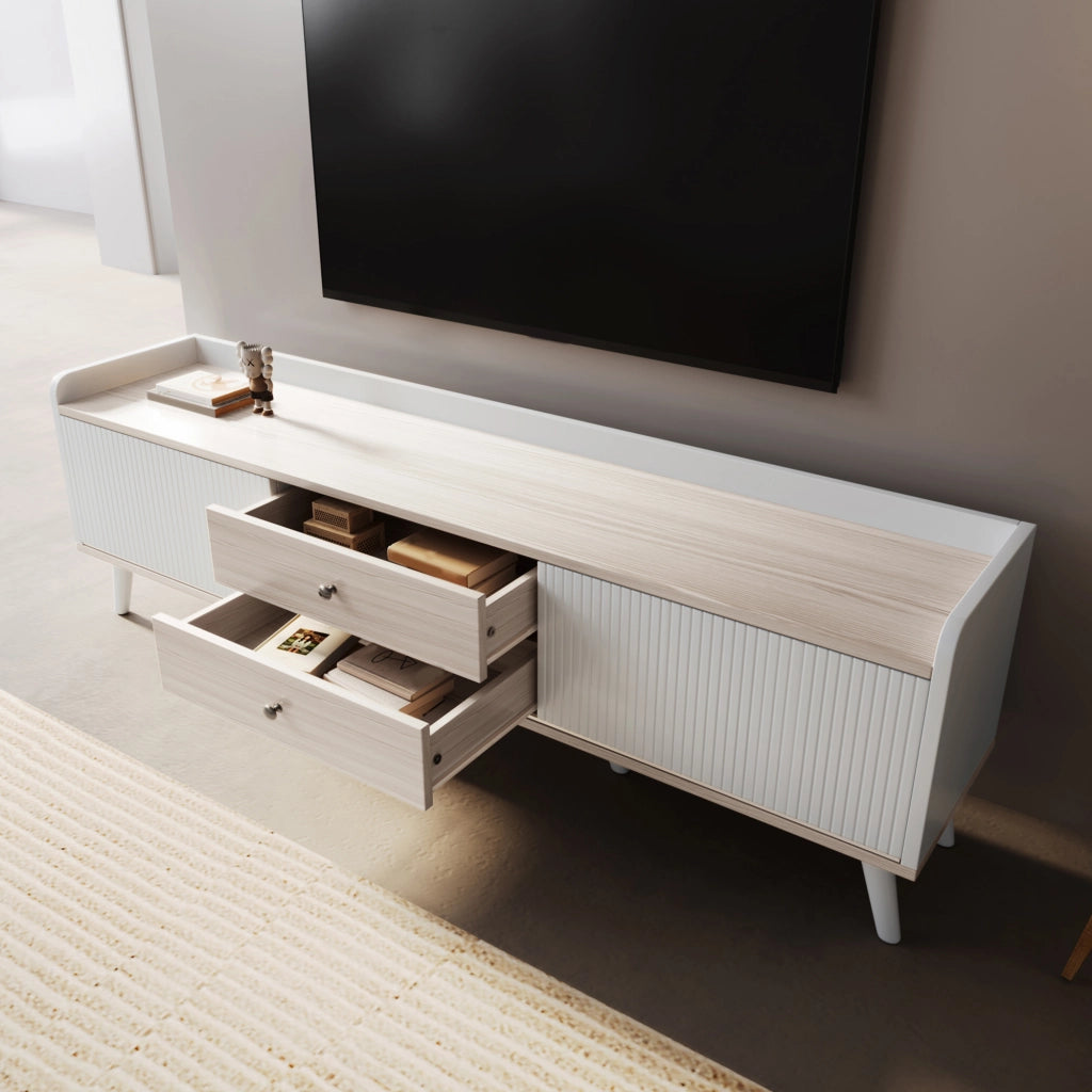 Mobile porta tv con due ante scorrevoli e due cassetti in pannello truciolare E1 bianco e legno 160 × 40 × 58 cm