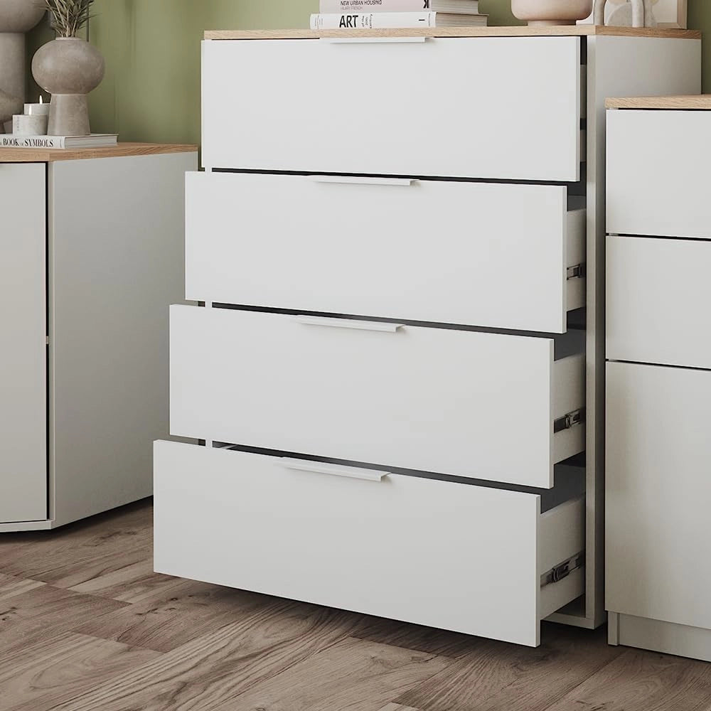Credenza Betti, Bianco/Sonoma, 30 x 83.6 cm con 4x cassetti, adatto per la conservazione e l'integrazione di arredi esistenti